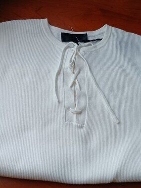 NWT Nili Lotan White Cotton Ribbed Knit Short Sleeve Lace Up Sweater Size Small